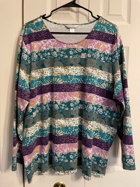 CJ Banks Teal, Purple & Pink Striped Floral Long-Sleeve Top